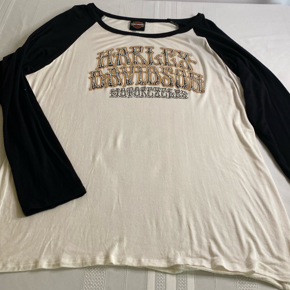 Women’s 1XL Harley-Davidson Motor Cycles Long Sleeve Top Shirt White Black